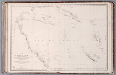 Carte de la Mer du Corail et des terres environnantes (Nouvelle-Guinée, Iles Salomon, Iles de Santa Cruz, Nouvelles Hébrides, Nouvelle Calédonie et partie de la côte orientale de la Nouvelle-Hollande. Dressée par Mr. C. A. Vincendon Dumoulin, Ingénieur Hydrographe de la Marine, d'après les reconnaissances des Corvettes l'Astrolabe et la Zélée et les travaux les plus récents. Expédition au Pôle Austral et dans l'Océanie, Commandée par M. Dumont d'Urville, Capne. de Vaisseau. 1847. Gravé par Jacobx. Ecrit par J. M. Hacq.