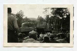 [Photograph of Soldiers and Man on Tank]