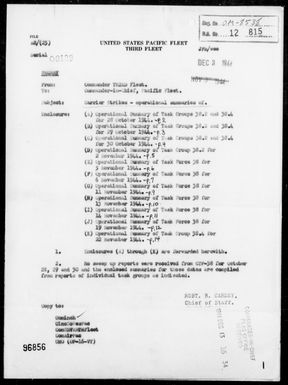 COM 3rd FLT - Operational Summaries of Carrier Strikes Against the Philippines & Yap Is, Carolines, 10/28/44 - 11/22/44