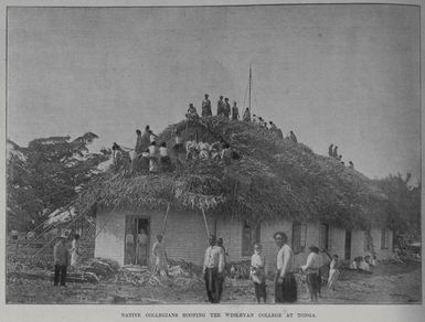 Native collegians roofing the Wesleyan college at Tonga
