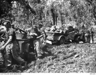 BOUGAINVILLE. 1945-04-26. PERSONNEL OF 24 INFANTRY BATTALION, LOADING BARBED WIRE, AMMUNITION, AND SUPPLIES ON TO A JEEP TRAILER HOOKED TO A B COMPANY ARTILLERY TRACTOR, FOR TRANSPORT TO C COMPANY ..