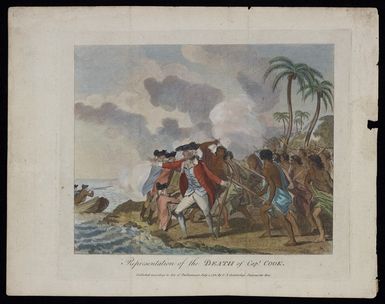 Webber, John, 1751-1793. Attributed works :Representation of the death of Capt. Cook. Published according to Act of Parliament, July 1st, 1781; by S A Cumberlege, Paternoster Row. 1781