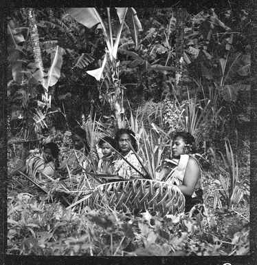 Samoan women weaving carrying baskets from green coconut leaves