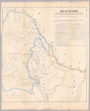 Mapa del Rio Grande desde su desembocadura en el golfo hasta San Vicente, Presidio Antiguo. Mandado formar por el primer miembro de la Comisi6n Pesquisidora de la Frontera del Norte, conforme 6 las noticias recojidas en el Expediente 4°-, Sefi.al{mdose los ranchos que hay por ambas orillas del Rio Grande, y los pueblos que la Comisi6n ha visitado anotandose estos con la linea roja .. Monterey Diciembre 1[8]73 M.J. Martinez