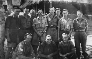 PORT MORESBY, NEW GUINEA, C. 1944. HEADQUARTERS, INTELLIGENCE SECTION, NEW GUINEA FORCE. TOP ROW LEFT TO RIGHT, ARTHUR BARING, ALLAN COULLS, LIONEL CORSAIR, LT BERT MCWILLIAMS, IAN SHILLINGTON, ..