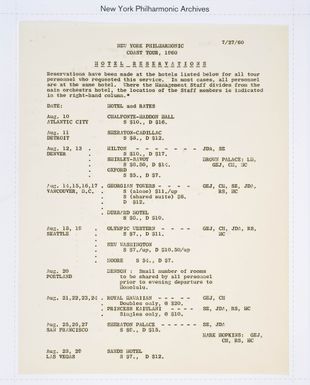 Coast Tour 1960: Hotel Reservation List, Jul 27, 1960 - Jul 27, 1960