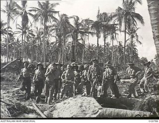 LOS NEGROS ISLAND, ADMIRALTY ISLANDS. 1944-03-18. GROUND CREWS OF A RAAF KITTYHAWK SQUADRON STAND AROUND FOXHOLES THEY DUG AMONGST THE COCONUT PALM TREES ON THE FIRST NIGHT THEY LANDED WHEN THE ..