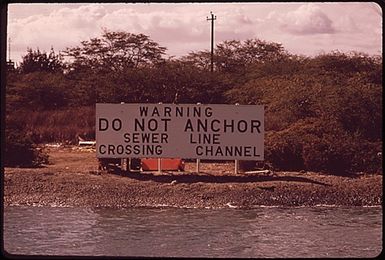 RAW SEWAGE IS DISCHARGED INTO THE OCEAN THREE MILES FROM WAIKIKI BEACH. AN EPA LOAN TO BUILD A TREATMENT PLANT IS IN THE WORKS