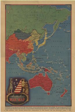 Australia's war map ... was drawn and colored, from latest information, by Walter Proudlock; the symbol of Australian-American war alliance was painted by Walter Jardine