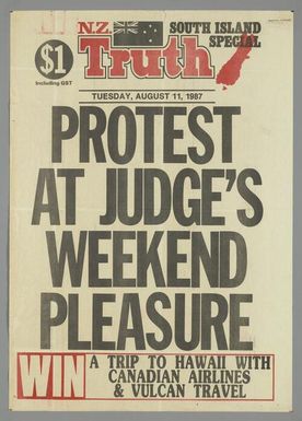 "Protest at judge's weekend pleasure Win a trip to Hawaii with Canadian Airlines & Vulcan Travel"