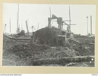 MADANG, NEW GUINEA. 1944-11-02. A NAVAL RATING USING A BULLDOZER TO CLEAR AN AREA FOR THE CAMP SITE OF THE RAN ADMINISTRATION STAFF