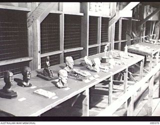 TOROKINA, BOUGAINVILLE, 1945-12-07. THE MODELLING SECTION AT THE ARTS AND CRAFTS EXHIBITION HELD AT TOROKINA. MANY OF THE ENTRANTS ARE STUDENTS AT THE TOROKINA REHABILITATION CENTRE