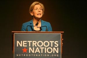 Senator Elizabeth Warren speaks at Netroots Nation, Providence Half-length portrait of Warren at the podium