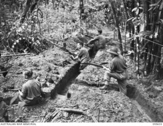 GOODVIEW, NEW GUINEA, 1943-08-10. INTERCOMMUNICATION TRENCH MANNED BY TROOPS OF "D" COMPANY, 2/6TH BATTALION. LEFT TO RIGHT:- TX4832 PRIVATE (PTE) A. M. GRIFFITHS; NX114131 PTE A. E. CLARKE; TX5486 ..