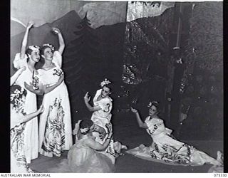 LAE, NEW GUINEA. 1944-08-07. A BALLET DANCE IN PROGRESS DURING THE SHOW STAGED BY THE WHITE HORSE INN CONCERT PARTY AT HEADQUARTERS, NEW GUINEA FORCE. LEFT TO RIGHT: TX6480 MATRON H. T. TISDELL; ..