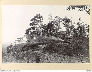 TOL AREA, NEW BRITAIN. 1945-08-02. THE CAMP OF A COMPANY, 16 INFANTRY BATTALION, AT THE TOP OF CAKE HILL, 1,000 FEET ABOVE TOL PLANTATION. THIS WAS THE SCENE OF HEAVY FIGHTING IN THE WAITAVELO ..