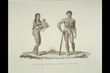 Tamor des iles Carolines et sa femme, vus sur l'ile Tiniam / Js. Arago delint.; Pioline sculpt