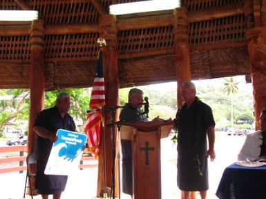 Emergency Planning and Security ^ Tsunami - American Samoa, Sep. 28, 2012 -- NOAA and FEMA officials presented Gov. Togiola T. A. Tulafano with a recognition letter and TsunamiReady signs during the TsunamiReady ceremony at Utulei Beach on September 28. Photo by Mary Simms