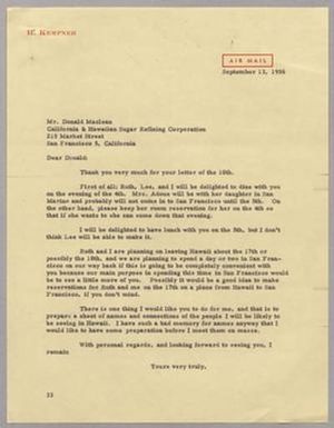 [Letter from Harris L. Kempner to Mr. Donald Maclean, September 13, 1956]