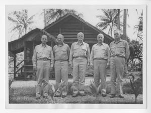 [Ralph H. Mitchell, Holland M. Smith, Chester W. Nimitz, Aubrey W. Fitch, and William F. Halsey]