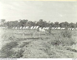 LAE, NEW GUINEA. 1944-09-06. DOZENS OF SMALL SHEETS OF TENTAGE MATERIAL EXPOSED TO THE WEATHER AFTER BEING SUBJECTED TO VARIOUS TYPES OF WATER PROOFING AND DAMP PROOFING. THESE TESTS ARE BEING ..