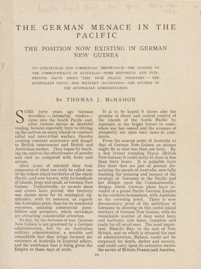 The German menace in the Pacific : the position now existing in German New Guinea / by Thomas J. McMahon.