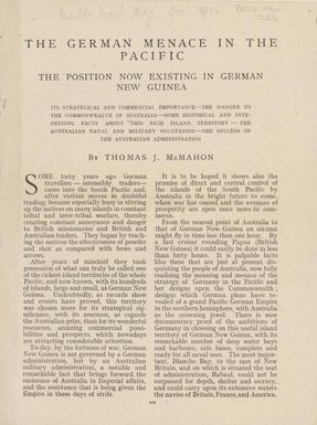 The German menace in the Pacific : the position now existing in German New Guinea / by Thomas J. McMahon.