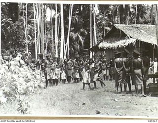 WIDERU, NEW GUINEA, 1943-10-21. NATIVES LINING UP FOR INSPECTION AND CENSUS CHECK BY NX155085 CAPTAIN R.G. ORMSBY OF THE AUSTRALIAN AND NEW GUINEA ADMINISTRATIVE UNIT