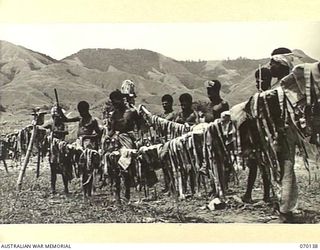RAMU VALLEY, NEW GUINEA. 1944-02-04. LINES DRAPED WITH WEBBING EQUIPMENT SALVAGED FROM FORWARD AREAS AND BEING RECONDITIONED BY NATIVES AT A SALVAGE DUMP OPERATED BY THE ASSISTANT DIRECTOR OF ..