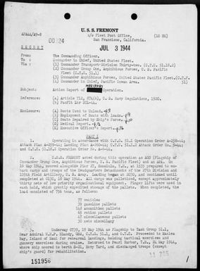 USS FREMONT - Report of operations in the invasion of Saipan Island, Marianas, 6/16-26/44