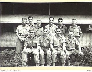 LAE, NEW GUINEA. 1944-07-05. PERSONNEL OF THE CHIEF ENGINEERS STAFF, HEADQUARTERS, NEW GUINEA FORCE. IDENTIFIED PERSONNEL ARE:- SAPPER D. VAN LEELLWEN, 1ST AUSTRALIAN ARMY (1); VX90035 STAFF ..