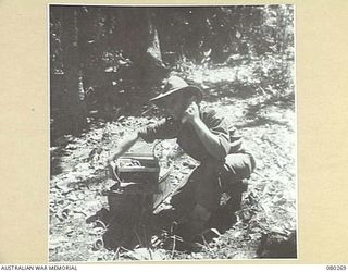 HANSA BAY, NEW GUINEA. 1944-07-10. A MEMBER OF THE 5TH DIVISION SALVAGE GROUP TESTS A JAPANESE TELEPHONE ON 5TH DIVISION SIGNAL LINES