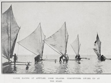 Canoe racing at Aitutaki, Cook Islands: competitors lining up at the start