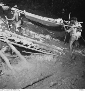 1942-11-23. NEW GUINEA. KOKODA TRACK. WOUNDED BEING BROUGHT IN BY NATIVE BEARERS. (NEGATIVE BY G. SILK)