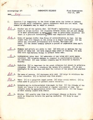 Anthropolgy 124 Comparative religion. Final examination key