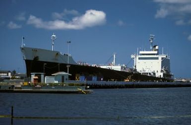 A port bow view of the Sealift class transport oiler USNS SEALIFT ANTARCTIC (T-AOT 176) moored at the Naval Supply Center