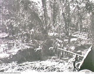 THE SOLOMON ISLANDS, 1945-04-24/27. AUSTRALIAN ARTILLERYMEN IN THE INITIAL STAGES OF ESTABLISHING THEIR GUN POSITIONS ON BOUGAINVILLE ISLAND. (RNZAF OFFICIAL PHOTOGRAPH.)
