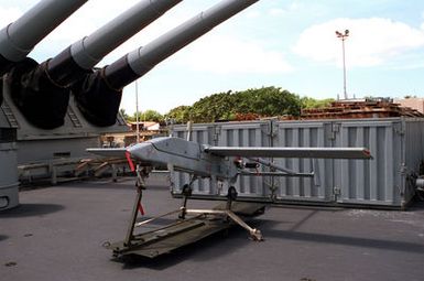 A Pioneer remotely piloted vehicle (RPV) is displayed aboard the battleship USS MISSOURI (BB-63) during its visit to the naval station. The MISSOURI has stopped at Pearl Harbor during its return voyage to Naval Station, Long Beach, Calif., after serving in the Persian Gulf region during Operation Desert Shield and Operation Desert Storm.