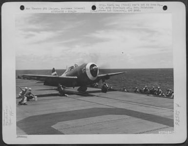 A Republic P-47 'Revs Up' Its Engine, Prepitory To Take Off From Flight Deck Of The Aircraft Carrier Uss Manilla Bay Which Ferried P-47'S From Oahu To Saipan, Marianas Islands. June 23, 1944. (U.S. Air Force Number 63748AC)