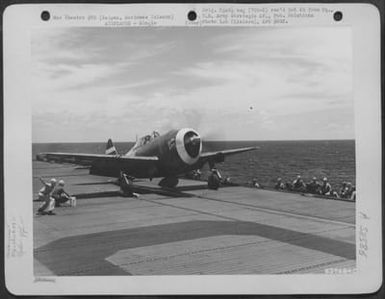 A Republic P-47 'Revs Up' Its Engine, Prepitory To Take Off From Flight Deck Of The Aircraft Carrier Uss Manilla Bay Which Ferried P-47'S From Oahu To Saipan, Marianas Islands. June 23, 1944. (U.S. Air Force Number 63748AC)