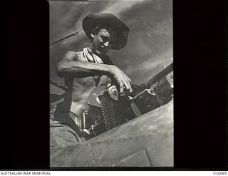 NADZAB, NEW GUINEA. C. 1944-02. LEADING AIRCRAFTMAN L. R. LAWRENCE, STUART TOWN, NSW, ARMOURER, WORKING ON THE REAR GUN OF A VULTEE VENGEANCE DIVE BOMBER AIRCRAFT OF NO. 24 SQUADRON RAAF