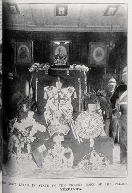 The body of the late Queen of Tonga lying in state in the throne room of the palace at Nukualofa, Tonga