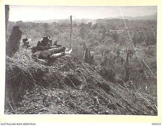 KIARIVU, NEW GUINEA, 1945-08-14. PRIVATE D.R. FULLER ON THE BREN GUN AND PRIVATE C.W. MCDONALD, MEMBERS OF 2/7 INFANTRY BATTALION, ON THE ALERT FOR JAPANESE TROOPS SHORTLY AFTER OCCUPYING THE ..