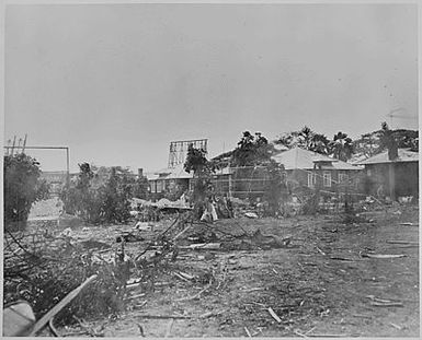 Naval photograph documenting the Japanese attack on Pearl Harbor, Hawaii which initiated US participation in World War II. Navy's caption: Wreckage in the Naval Hospital grounds caused by Japanese aircraft in their "sneak atttack" on Pearl Harbor of Dec. 7, 1941.