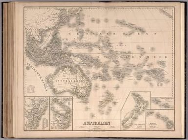 Australien. Neu bearbeitet v. C. Graf 1863. Gestochen v. W. Kratz I. u. C. Poppey jun. Weimar: Geographisches Institut. (insets) (Neu Sud Wales). (with) Tasmania oder Van-Diemens Land. (with) Neu Seeland, New-Zealand. (with) Hawaii Archipelagus, Sandwich-Inseln. (with) Taheiti Archipelagus, Societats Inseln. (to accompany) Hand - Atlas Der Erde Und Des Himmels.
