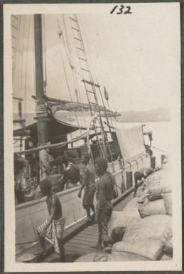 Schooner bringing copra to the wharf, Rabaul, New Britain Island, Papua New Guinea, probably 1916