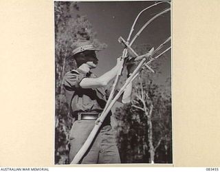 WONGABEL, QLD. 1944-11-06. LIEUTENANT W.R. SAWELL, 2/4 PIONEER BATTALION, CONSTRUCTING A "PROP" FROM LOCAL BAMBOO TO SUPPORT OVERHEAD NETS DURING A COURSE IN CONCEALMENT AT HEADQUARTERS 1 CORPS. ..