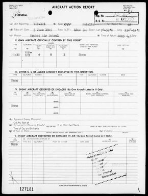 VMF-121 - ACA Report #62-Destruction of enemy sea truck in the Palau Islands on 6/3/45