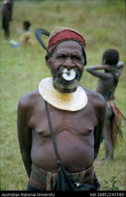 Man wearing decorative neck and nose items