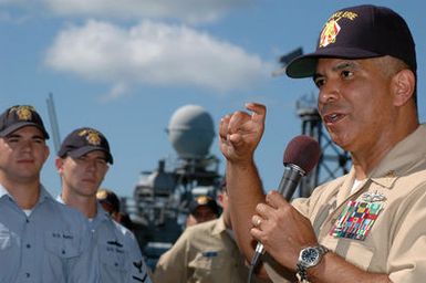 U.S. Navy MASTER CHIEF PETTY Officer of the Navy (MCPON) Joe R. Campa Jr., speaks with Sailors assigned to the Ticonderoga-class guided missile cruiser USS LAKE ERIE (CG 70), on Oct. 30, 2006, during a visit to Naval Station Pearl Harbor. (U.S. Navy PHOTO by Mass Communication SPECIALIST 1ST Class James E. Foehl) (Released)